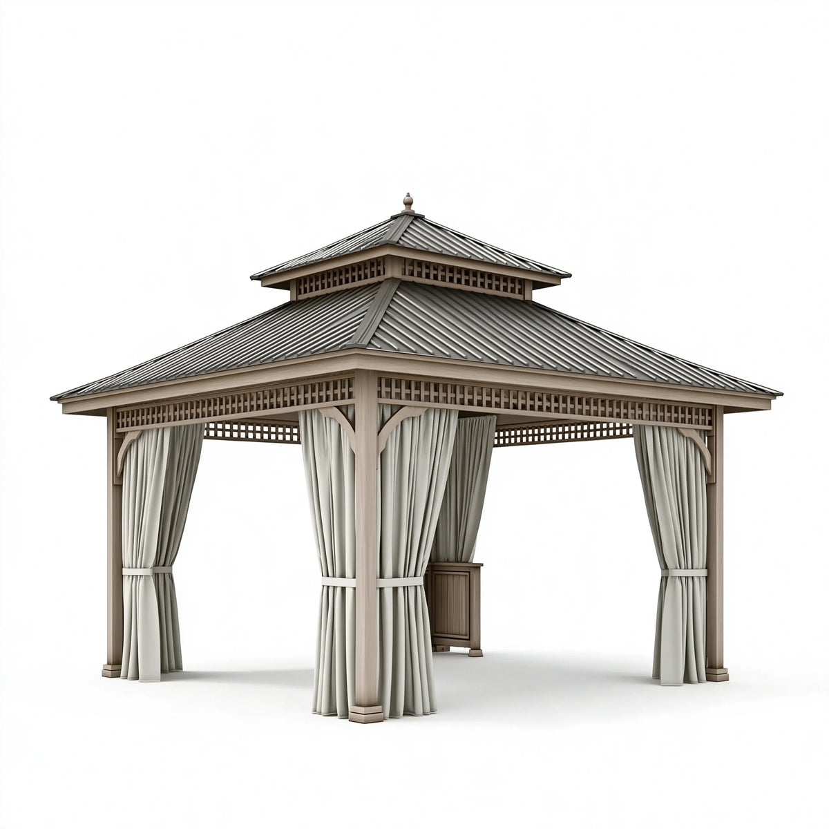 Gazebo da giardino 300 x 300 x 320 cm in legno beige con tetto in metallo e tende