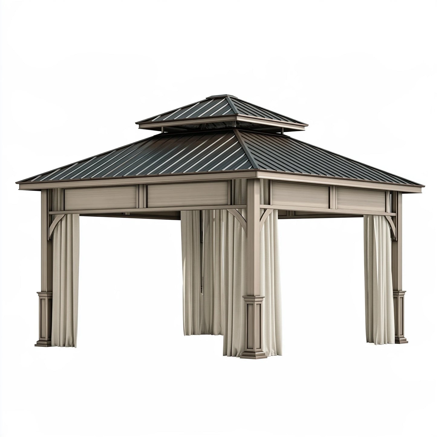 Gazebo da giardino 300 x 300 x 300 cm in metallo grigio con tende - struttura con tetto a doppio livello