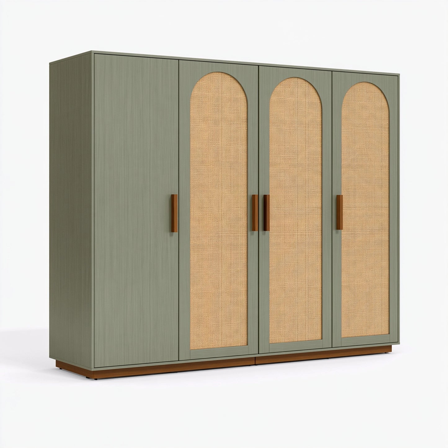 Armadio 200 x 60 x 200 cm in legno verde salvia con rattan naturale - 4 ante stile boho