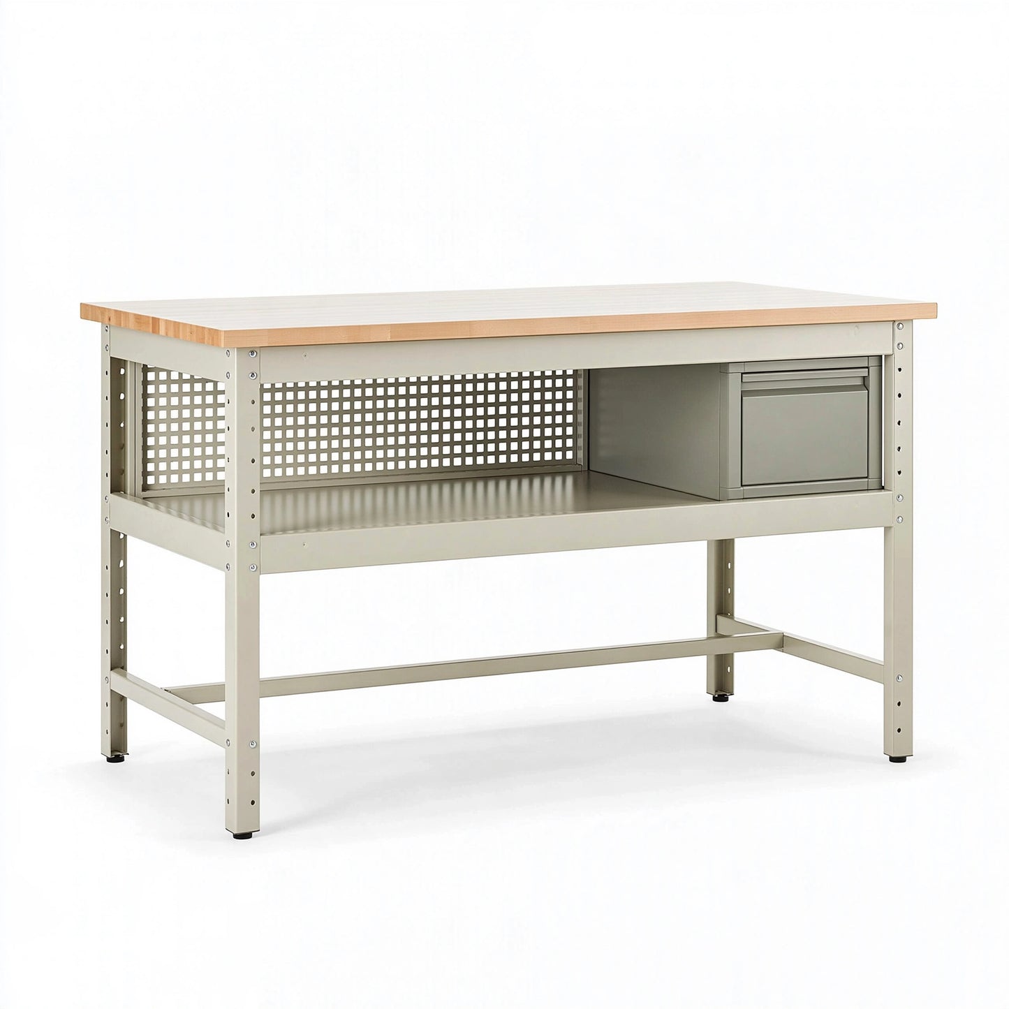 Banco da lavoro 120x60x90 cm in metallo e legno beige con ripiano contenitore stile industriale