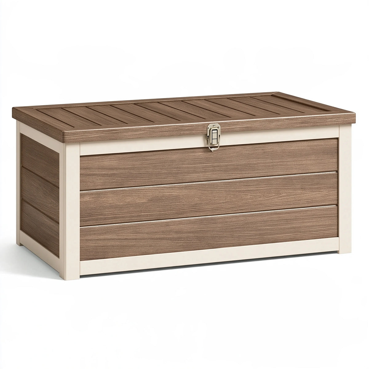 Cassapanca contenitore da esterno 120 x 60 x 60 cm in resina marrone e beige con coperchio a doghe