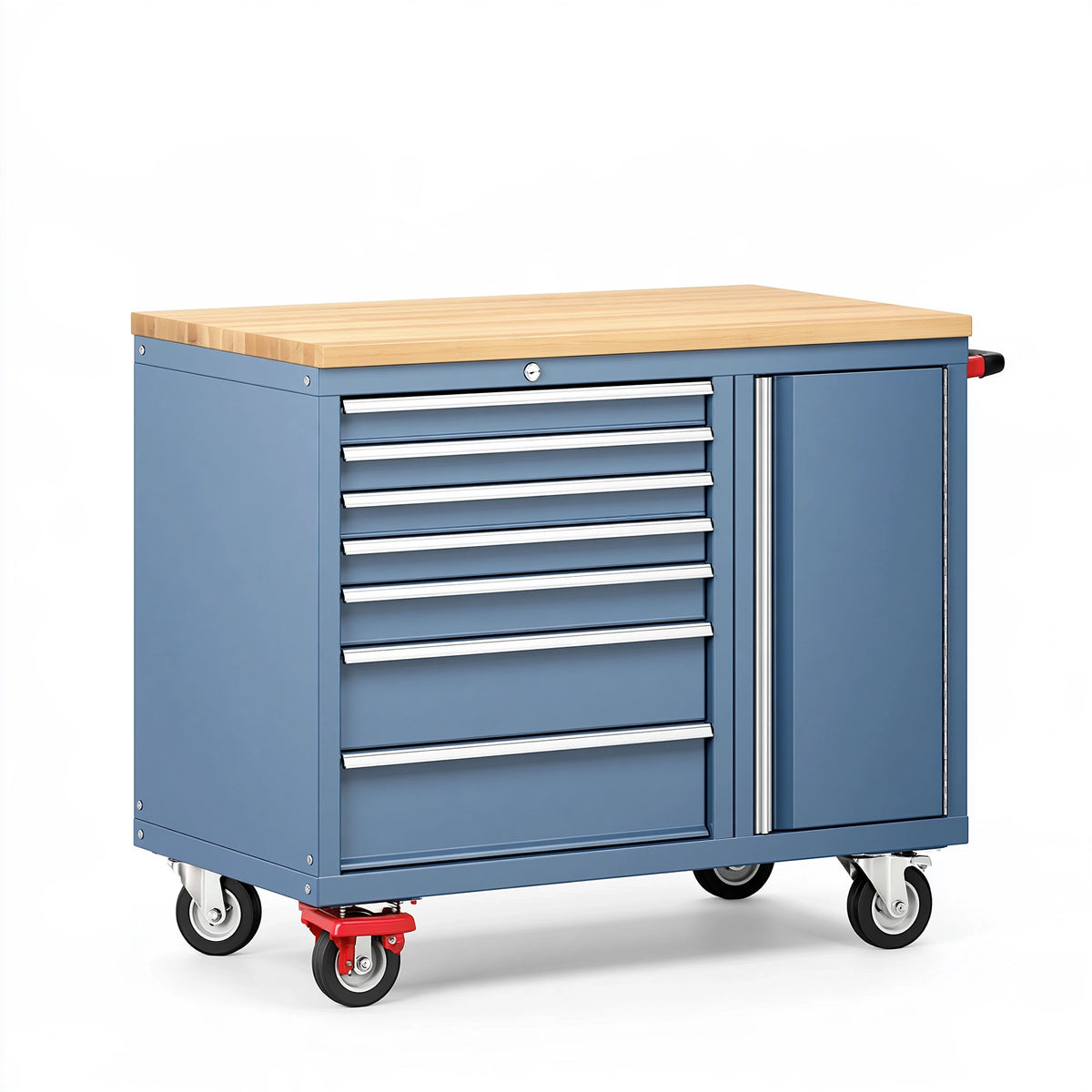Carrello portautensili 100 x 50 x 95 cm in acciaio blu con piano in legno e cassetti