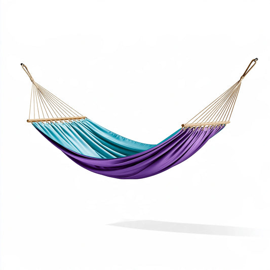 Amaca 300 x 140 cm in tessuto turchese e viola con barre in legno per giardino