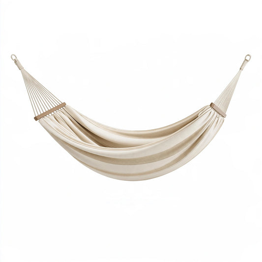 Amaca 300 x 100 cm in cotone beige con barre in legno per relax da esterno