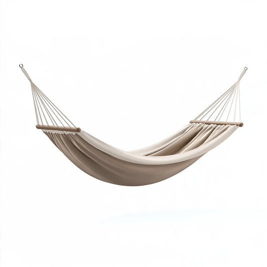 Amaca 300 x 100 cm in tessuto beige con barre in legno per relax interno ed esterno