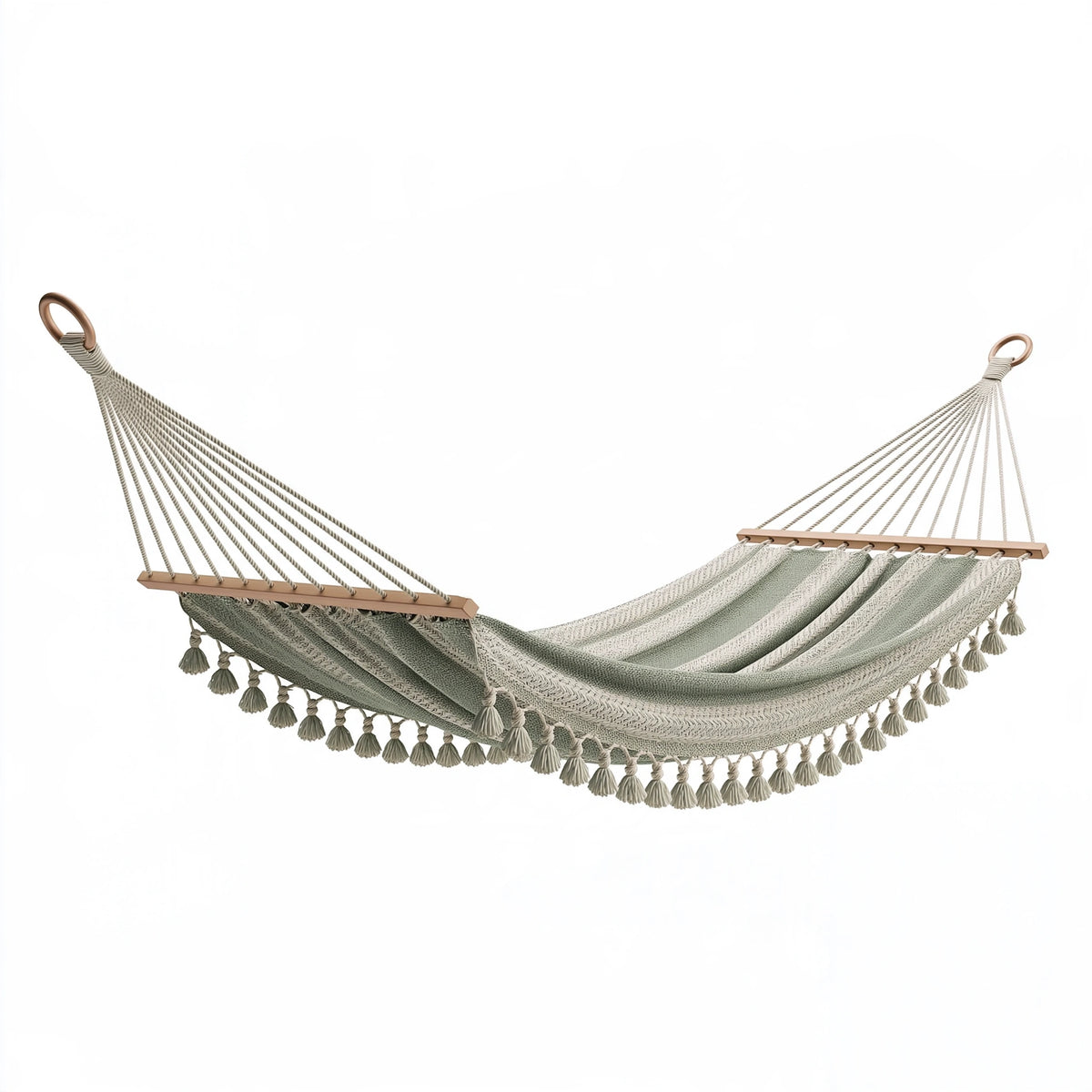 Amaca 300 x 100 cm in cotone verde salvia e crema con nappe per giardino
