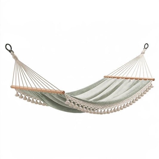 Amaca 300 x 120 cm in cotone verde e beige con barre in legno stile boho