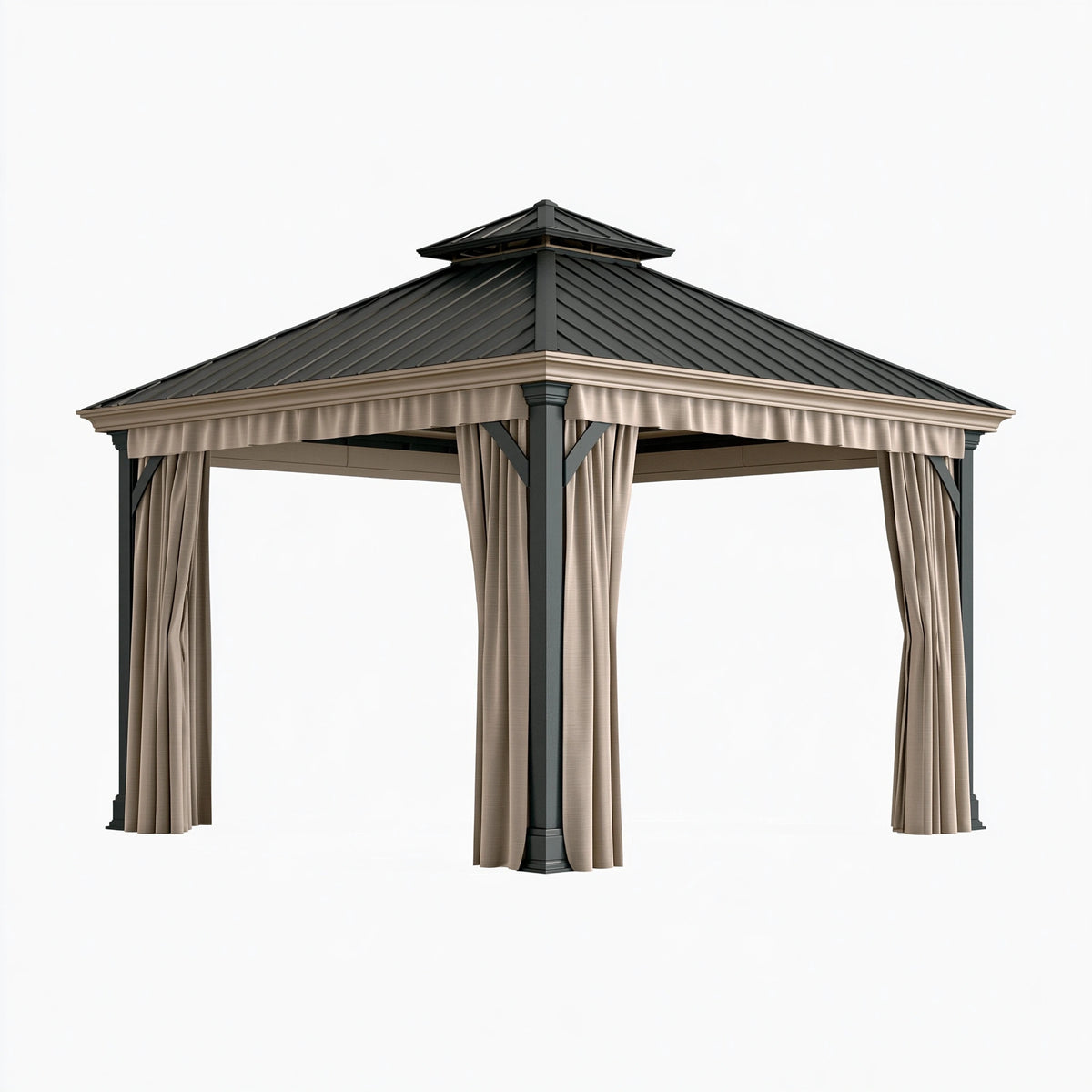 Gazebo da giardino 300 x 300 x 300 cm in metallo nero e beige con tende laterali