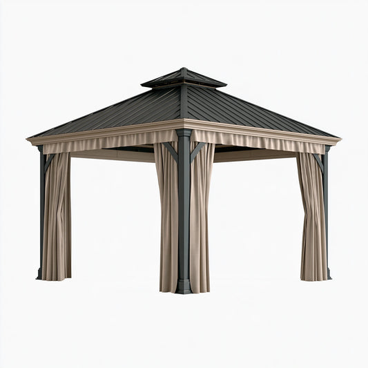 Gazebo da giardino 300 x 300 x 300 cm in metallo nero e beige con tende laterali