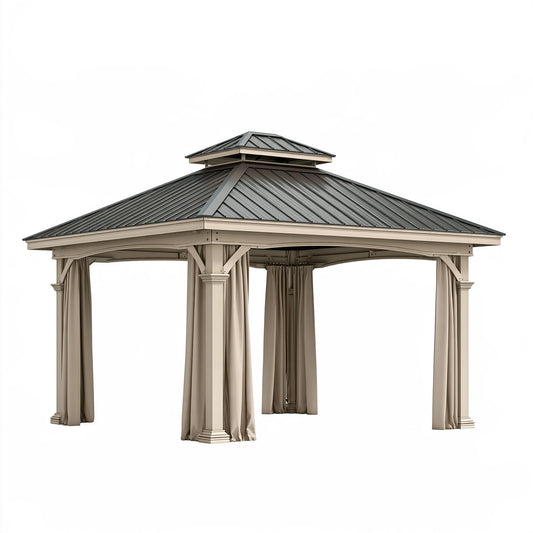 Gazebo da giardino 400 x 400 cm in metallo beige con tetto rigido e tende laterali
