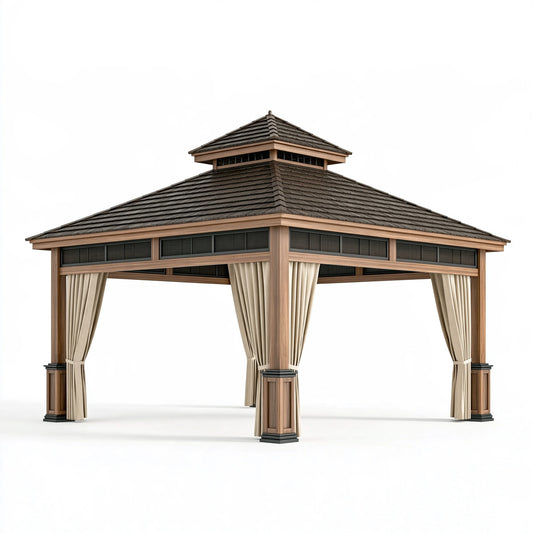 Gazebo da giardino 400 x 400 x 380 cm in legno marrone con tende e tetto a padiglione