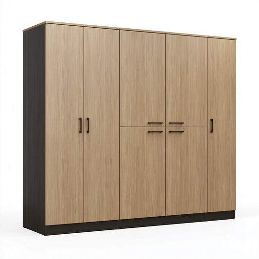 Armadio guardaroba 300 x 60 x 220 cm in pannelli effetto legno rovere chiaro e nero - 8 ante battenti