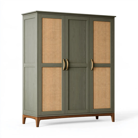 Armadio 150 x 60 x 200 cm in legno verde oliva e rattan - 3 ante stile naturale