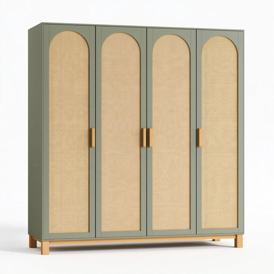 Armadio 200x55x200 cm in legno verde salvia con inserti in canna intrecciata stile naturale