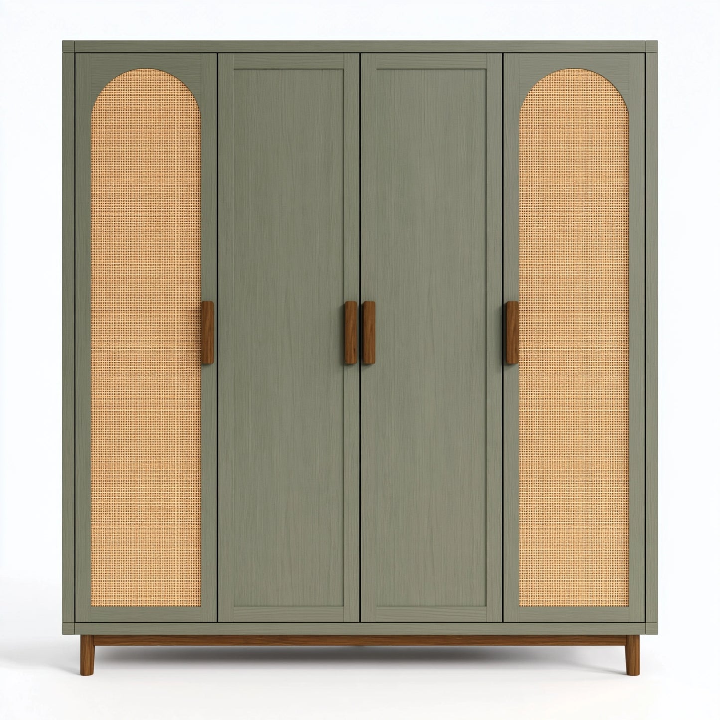 Armadio 180x45x180 cm in legno verde salvia con rattan - contenitore boho a 4 ante
