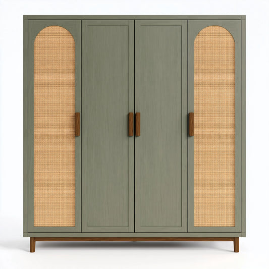 Armadio 180x45x180 cm in legno verde salvia con rattan - contenitore boho a 4 ante