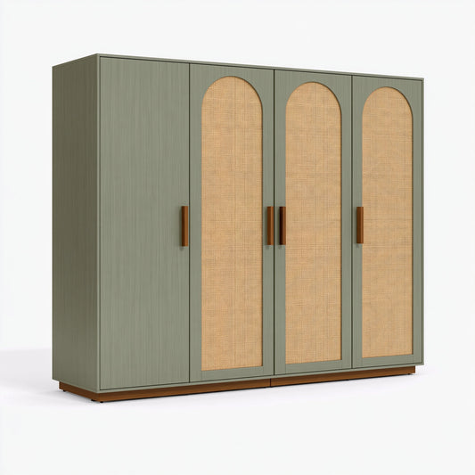 Armadio 200 x 60 x 200 cm in legno verde salvia con rattan naturale - 4 ante stile boho