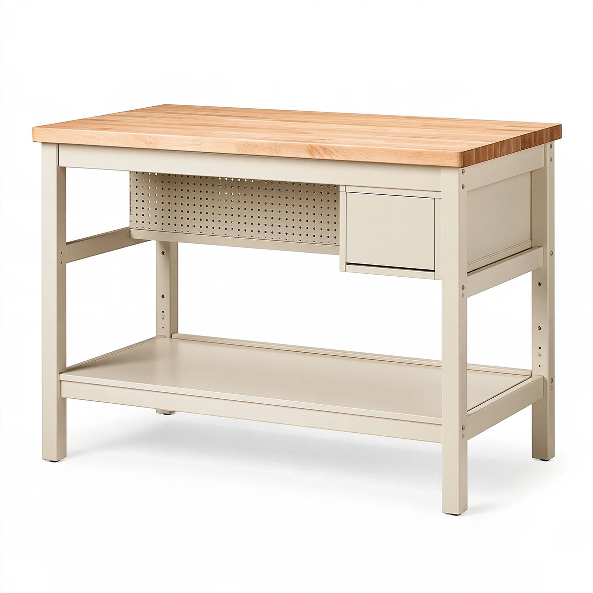 Banco da lavoro 120 x 60 x 90 cm in legno e metallo beige con cassetto e ripiano