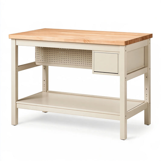 Banco da lavoro 120 x 60 x 90 cm in legno e metallo beige con cassetto e ripiano
