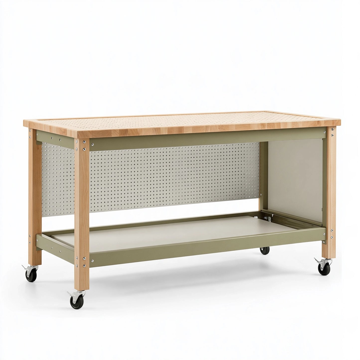 Banco da lavoro 120 x 60 x 90 cm in legno e metallo verde oliva con ruote e pannello forato
