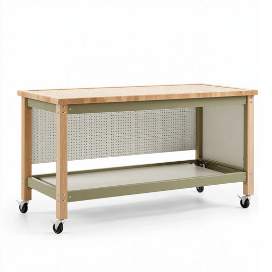 Banco da lavoro 120 x 60 x 90 cm in legno e metallo verde oliva con ruote e pannello forato