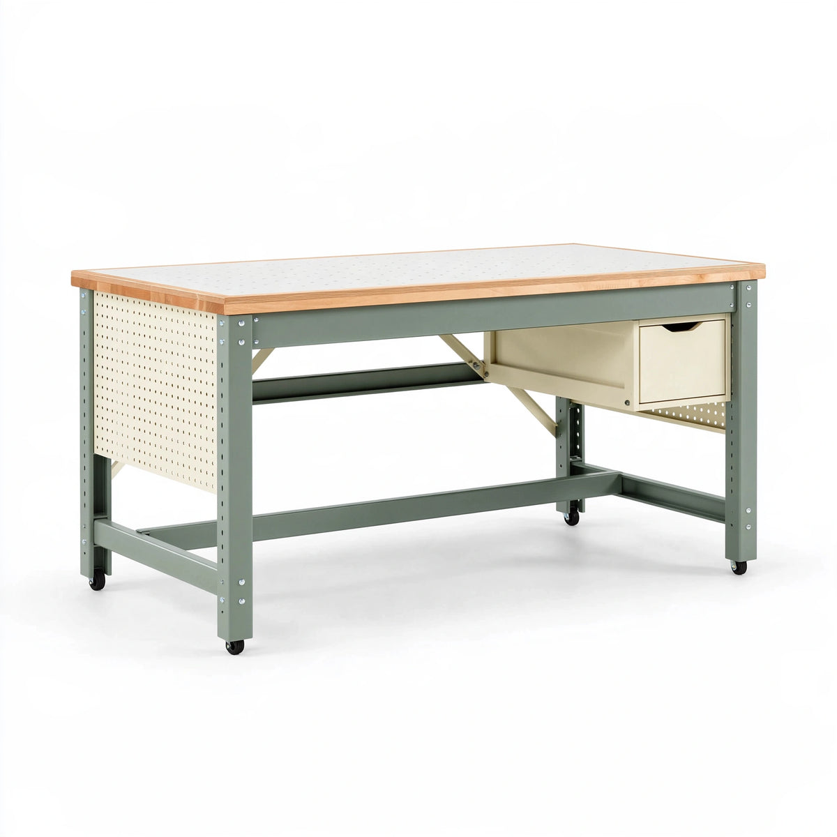 Banco da lavoro 152x76x91 cm in acciaio e legno verde con ruote e cassetto