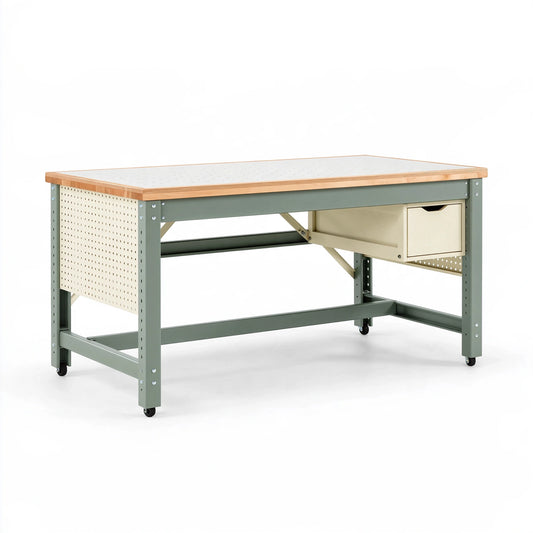 Banco da lavoro 152x76x91 cm in acciaio e legno verde con ruote e cassetto