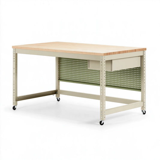 Banco da lavoro 160 x 80 x 90 cm in acciaio e legno beige naturale con ruote