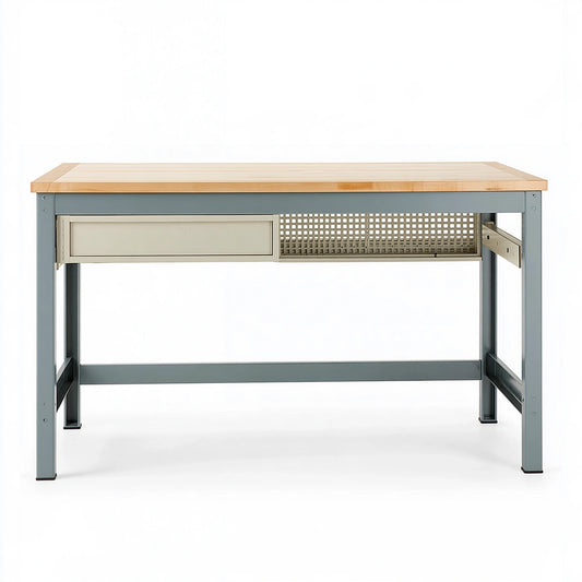 Banco da lavoro 150 x 75 x 90 cm in legno e metallo grigio con cassetto stile industriale