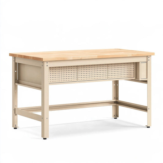 Banco da lavoro 140 x 70 x 90 cm in legno e metallo beige con pannelli traforati