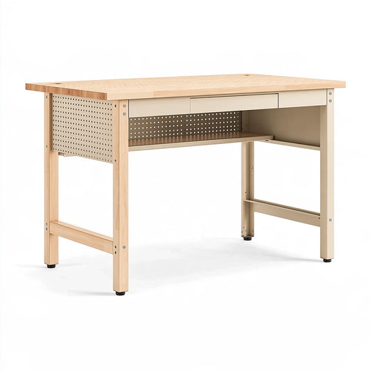 Banco da lavoro 120 x 60 x 90 cm in legno e acciaio beige naturale con cassetto e pannelli perforati