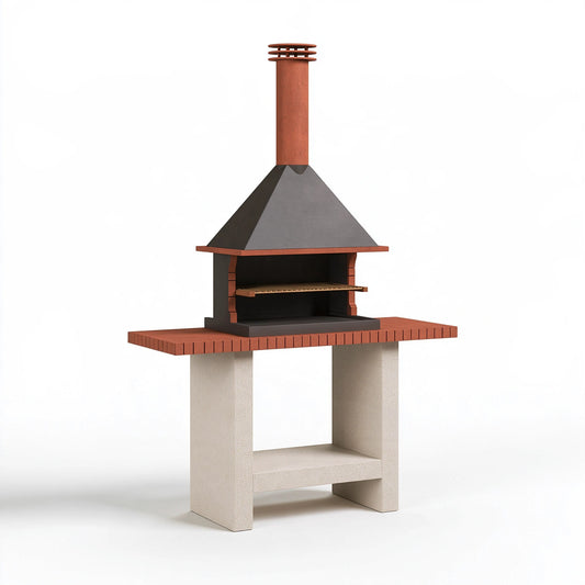 Barbecue da giardino 120 x 70 x 220 cm in muratura beige e metallo nero con griglia