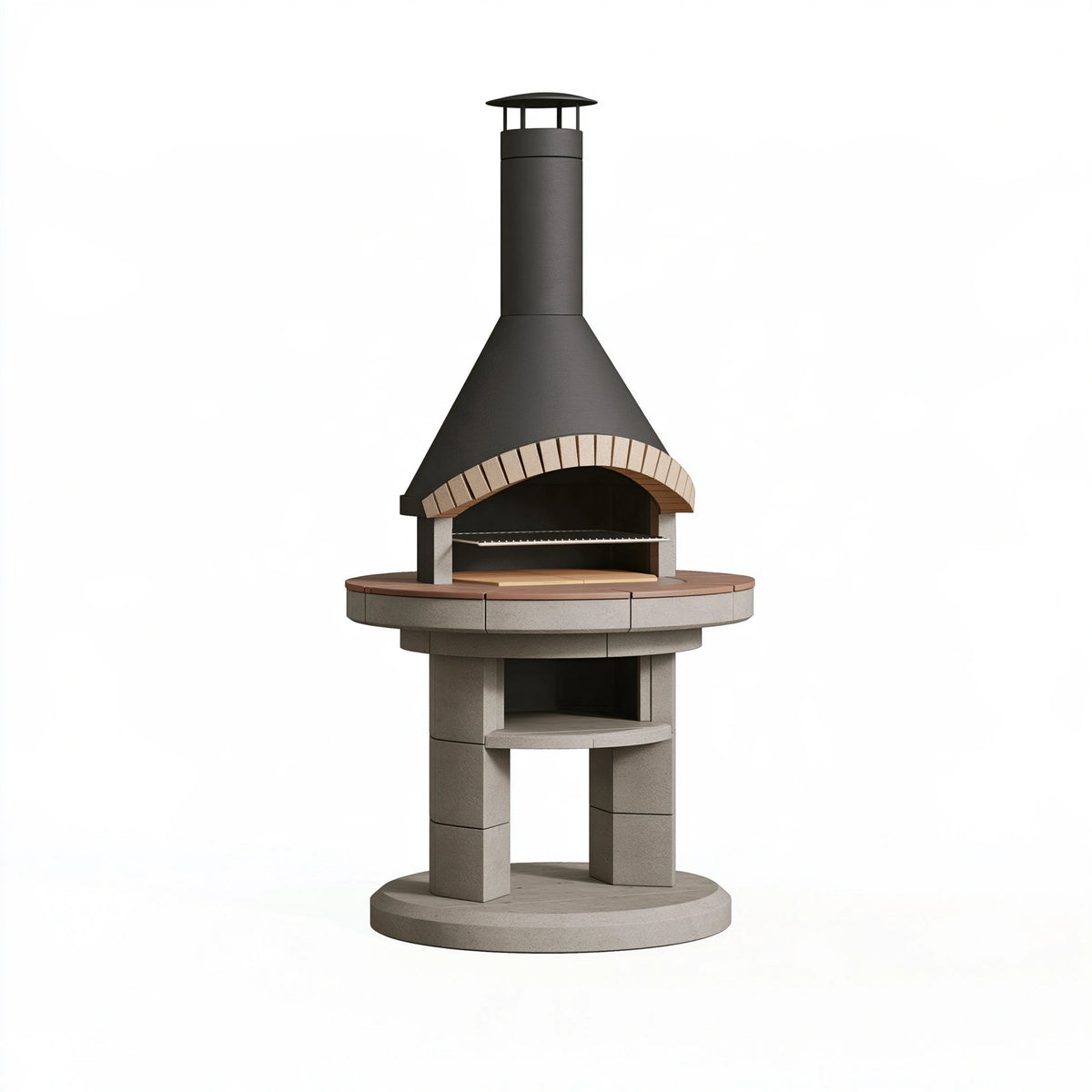 Barbecue da giardino diametro 120 cm in acciaio e pietra nero/grigio con camino e griglia