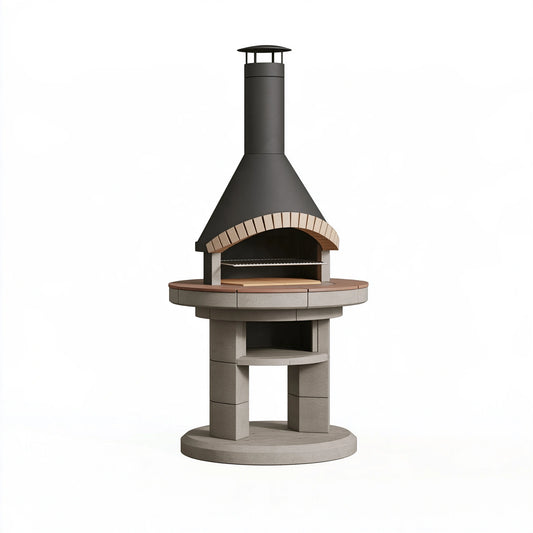 Barbecue da giardino diametro 120 cm in acciaio e pietra nero/grigio con camino e griglia