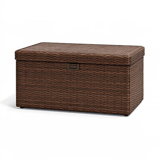 Cassapanca da giardino 120 x 60 x 60 cm in fibra intrecciata marrone con coperchio
