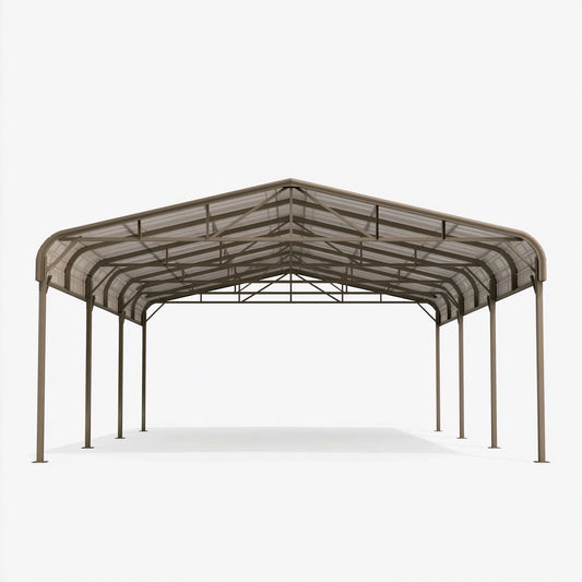Tettoia autoportante 600 x 300 x 270 cm in acciaio marrone con copertura traslucida per esterni