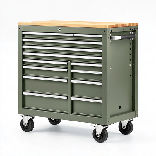 Cassettiera portautensili 77 x 46 x 97 cm in acciaio verde con piano in legno - mobile da officina con ruote