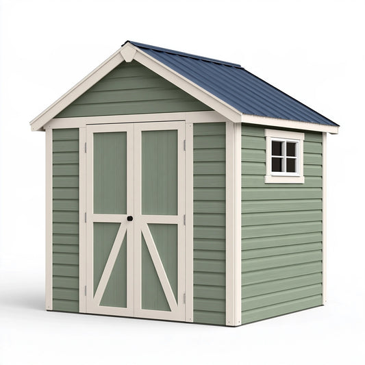 Casetta da giardino 244 x 183 x 244 cm in legno verde salvia con tetto in metallo e doppia porta