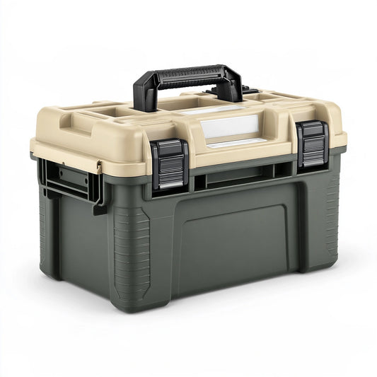 Cassetta portautensili 50 x 25 x 25 cm in plastica beige e verde con maniglia e chiusure