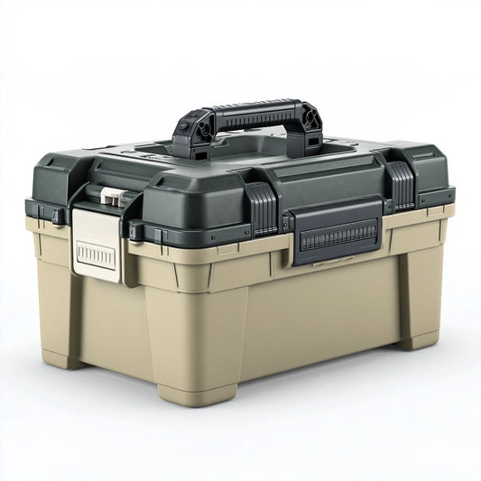 Cassetta porta attrezzi 60 x 35 x 32 cm in plastica beige e nera con maniglia per organizzazione