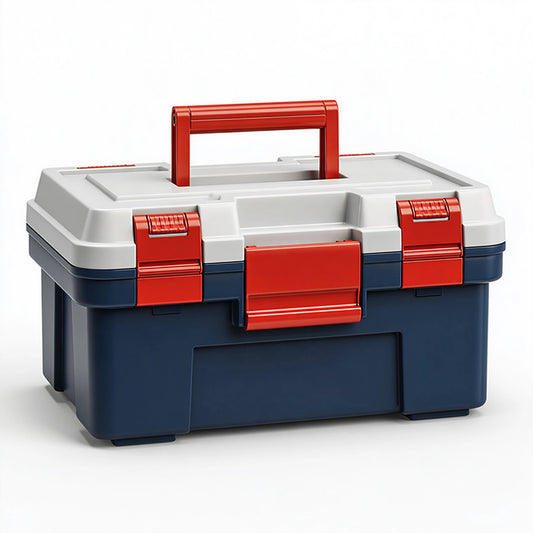 Cassetta portautensili 40 x 20 x 20 cm in plastica blu bianco rosso con maniglia e chiusure