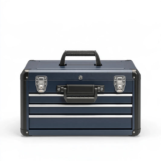 Cassetta portautensili 52 x 26 x 35 cm in metallo blu scuro con cassetti e maniglie